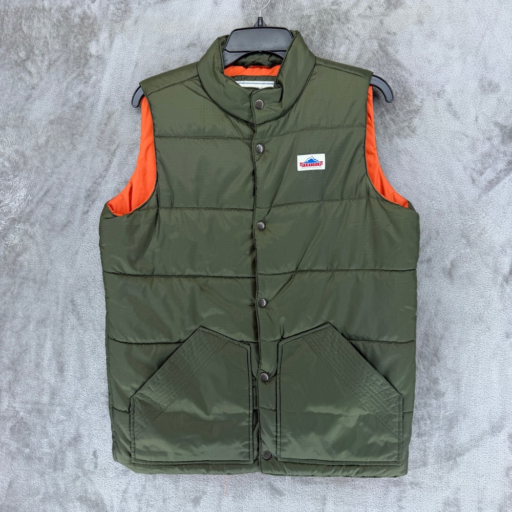 Penfield Mens Puffer Vest Olive Green Ripstop Nylon Snap Button Orange Lining S